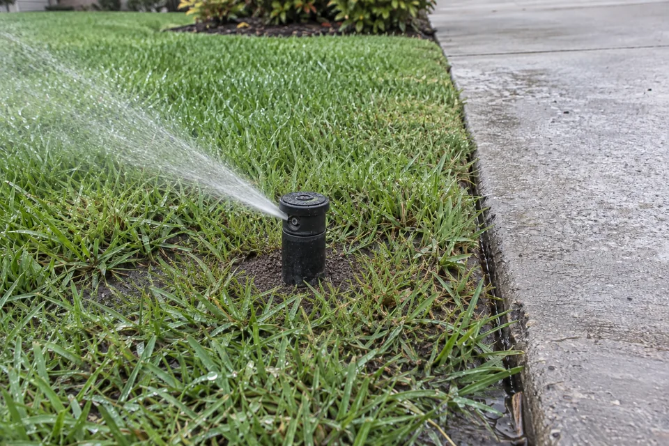 Demo after photo: repaired upright rotor watering the lawn.