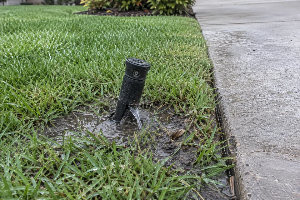 Demo photograph of a damaged irrigation rotor leaking beside a driveway.